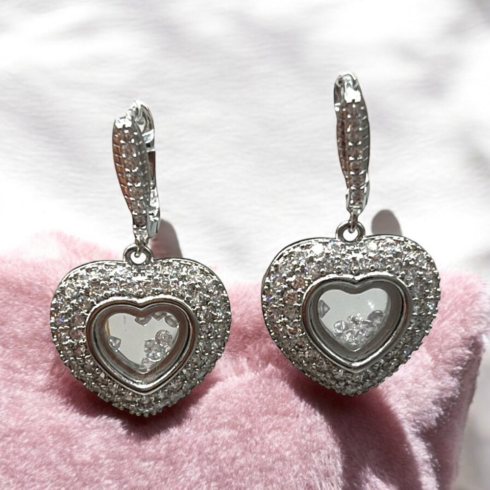Silver Heart Drop Earrings with Clear Crystals